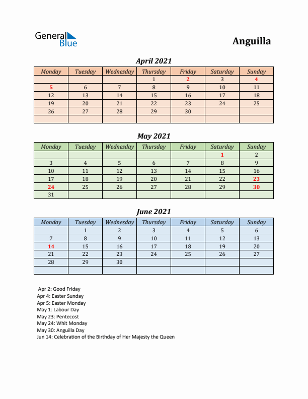 Q2 2021 Holiday Calendar - Anguilla