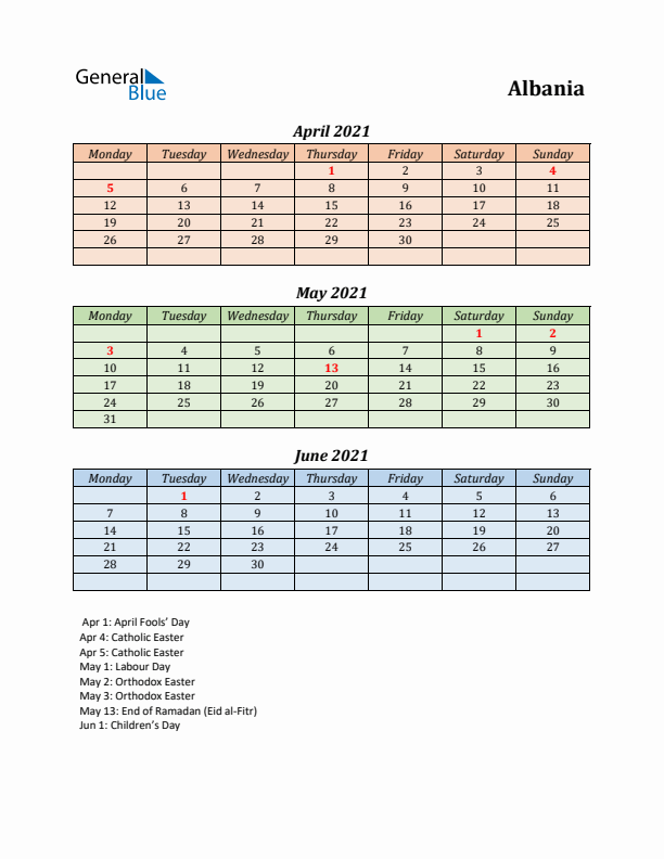 Q2 2021 Holiday Calendar - Albania