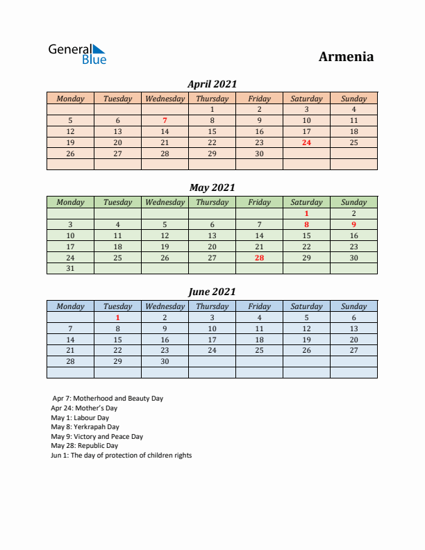 Q2 2021 Holiday Calendar - Armenia