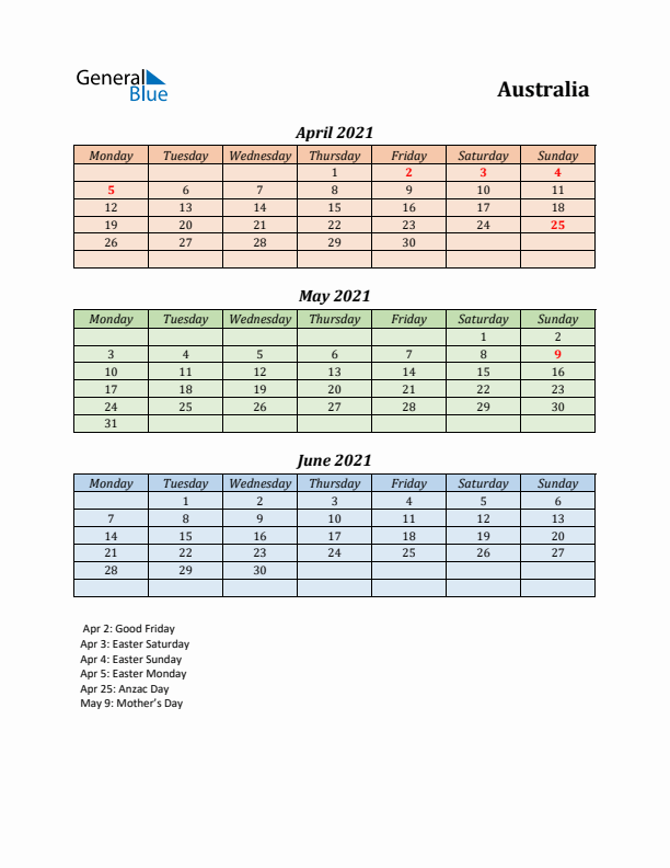 Q2 2021 Holiday Calendar - Australia