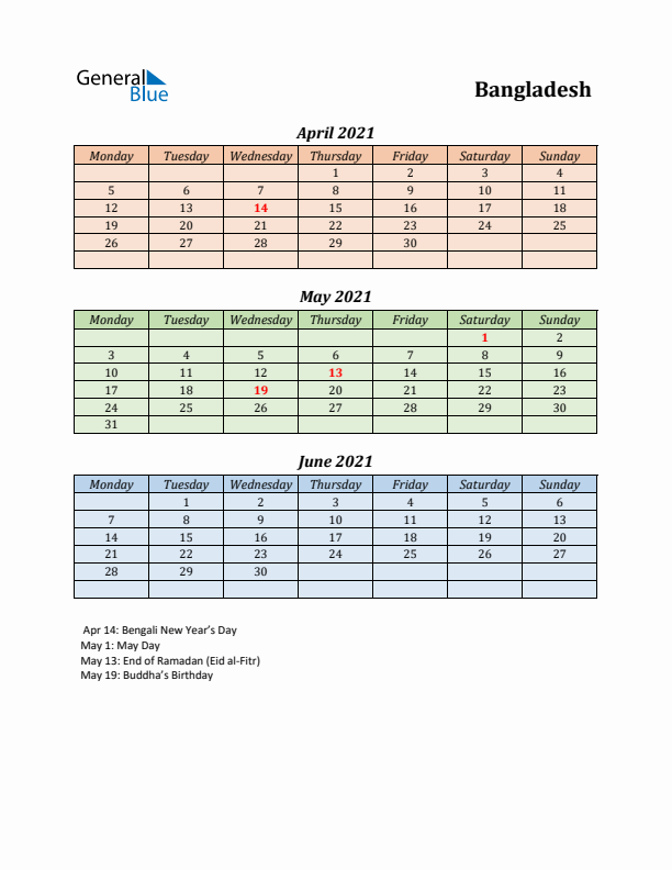 Q2 2021 Holiday Calendar - Bangladesh