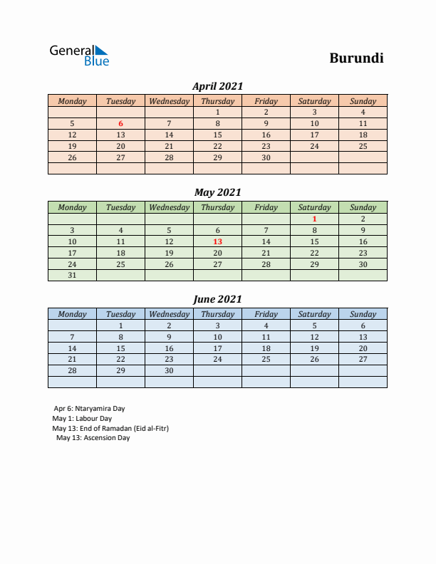 Q2 2021 Holiday Calendar - Burundi