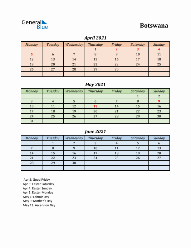 Q2 2021 Holiday Calendar - Botswana