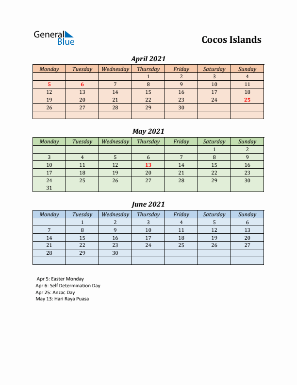 Q2 2021 Holiday Calendar - Cocos Islands