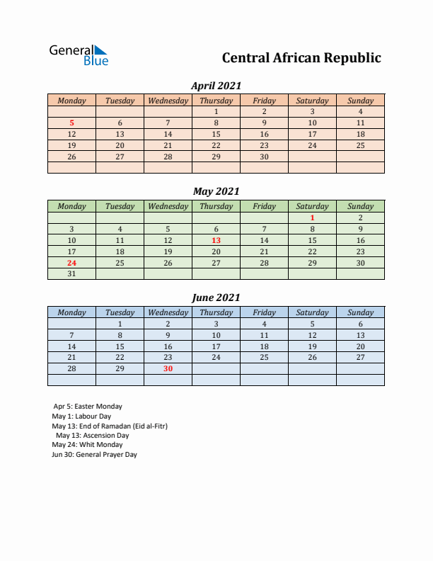 Q2 2021 Holiday Calendar - Central African Republic