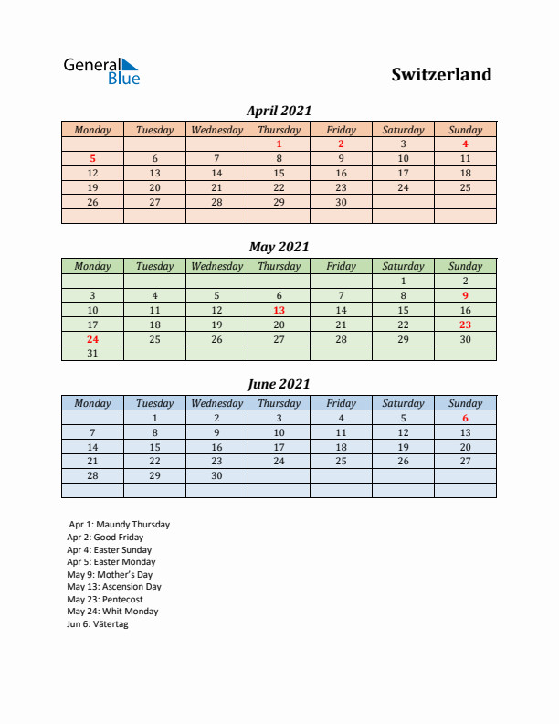 Q2 2021 Holiday Calendar - Switzerland