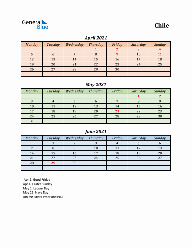 Q2 2021 Holiday Calendar - Chile