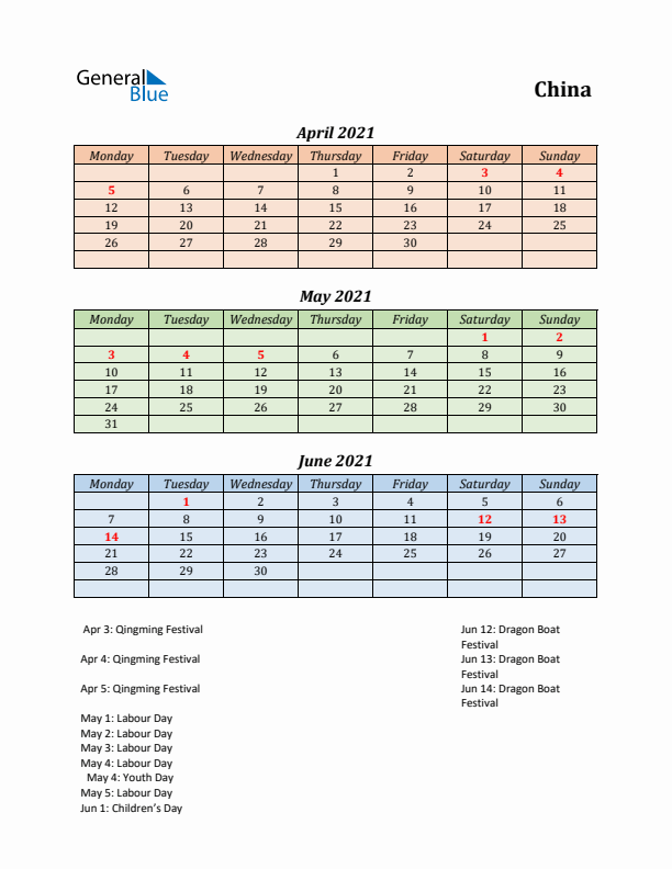 Q2 2021 Holiday Calendar - China