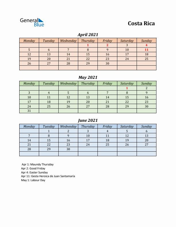 Q2 2021 Holiday Calendar - Costa Rica