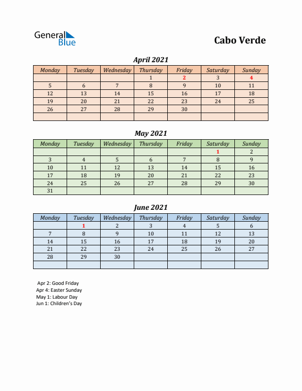 Q2 2021 Holiday Calendar - Cabo Verde