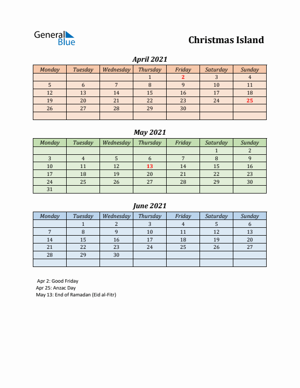 Q2 2021 Holiday Calendar - Christmas Island