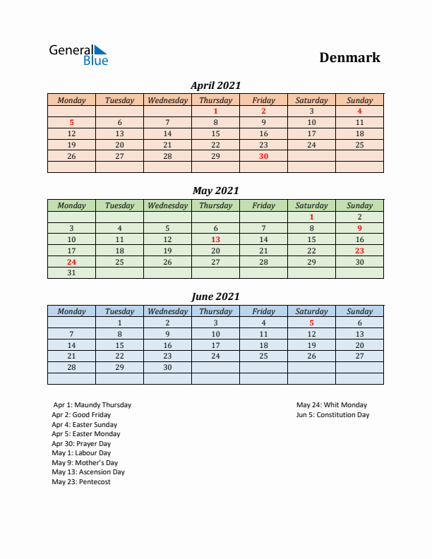 Q2 2021 Holiday Calendar - Denmark