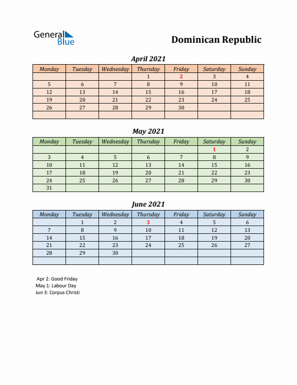 Q2 2021 Holiday Calendar - Dominican Republic