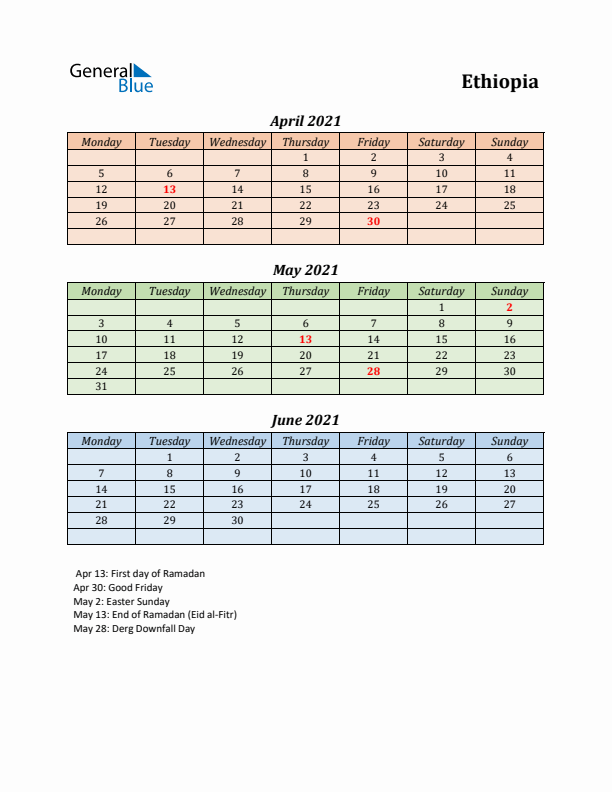 Q2 2021 Holiday Calendar - Ethiopia