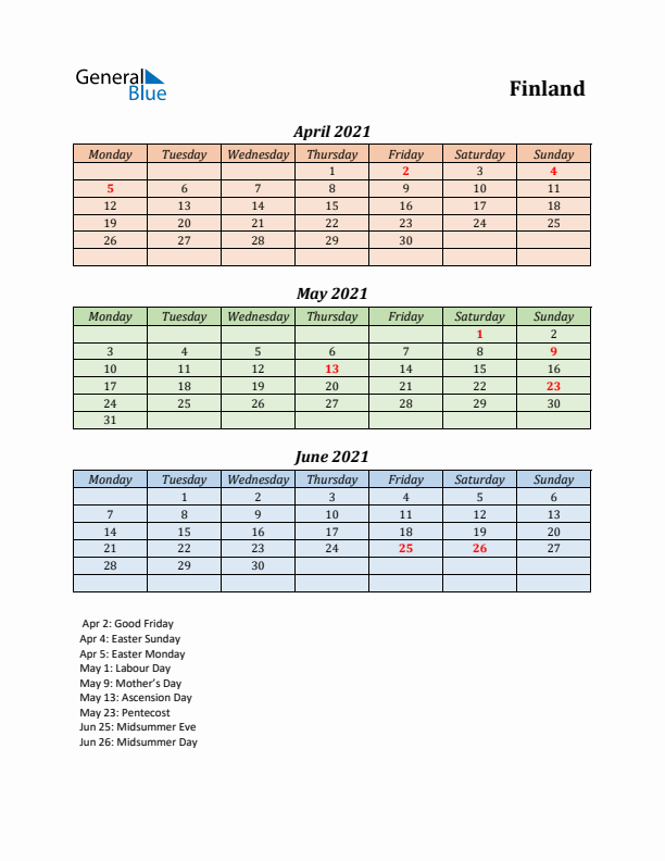 Q2 2021 Holiday Calendar - Finland