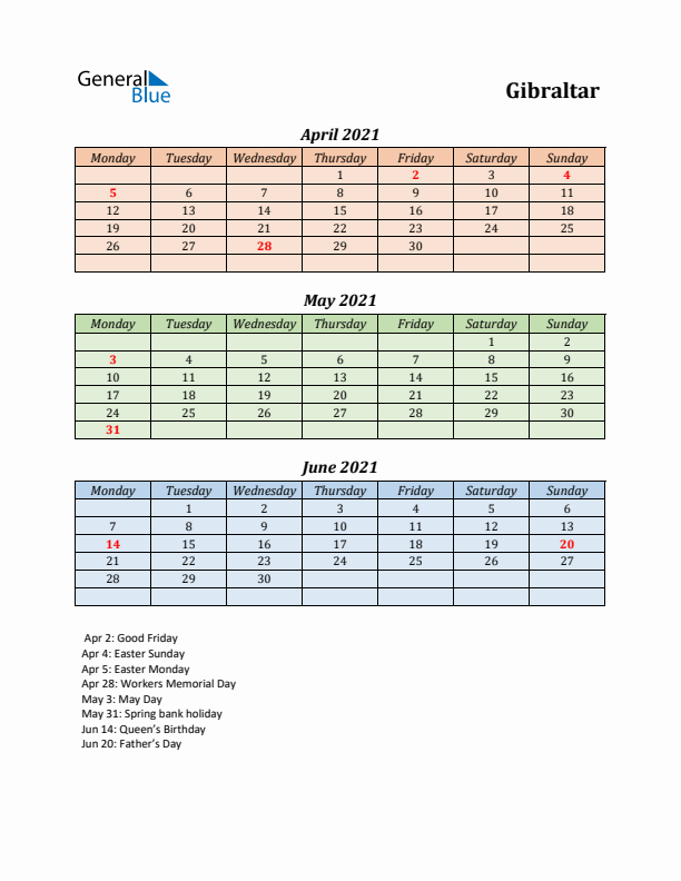 Q2 2021 Holiday Calendar - Gibraltar