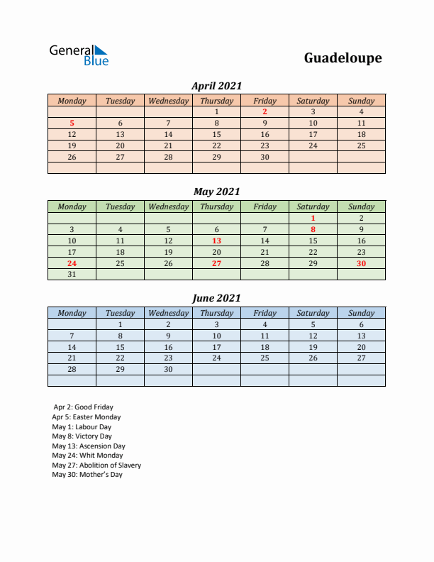 Q2 2021 Holiday Calendar - Guadeloupe