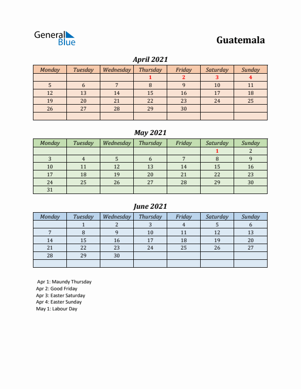 Q2 2021 Holiday Calendar - Guatemala