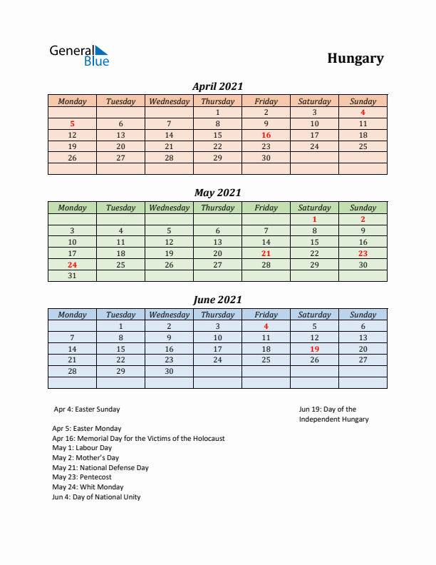 Q2 2021 Holiday Calendar - Hungary