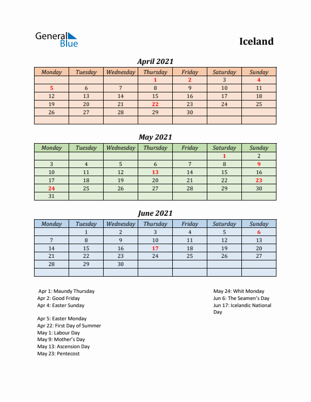 Q2 2021 Holiday Calendar - Iceland