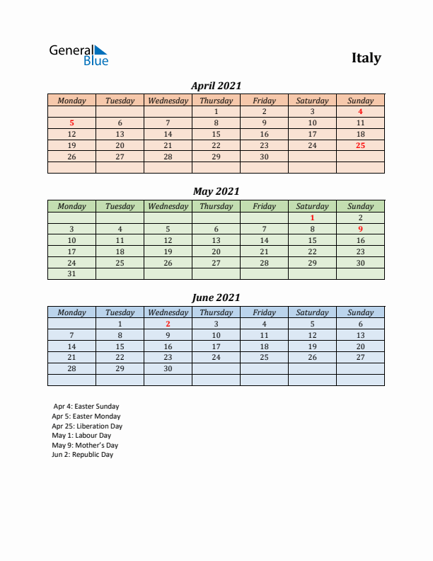 Q2 2021 Holiday Calendar - Italy