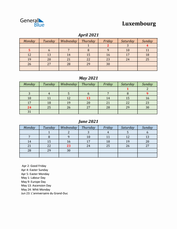 Q2 2021 Holiday Calendar - Luxembourg