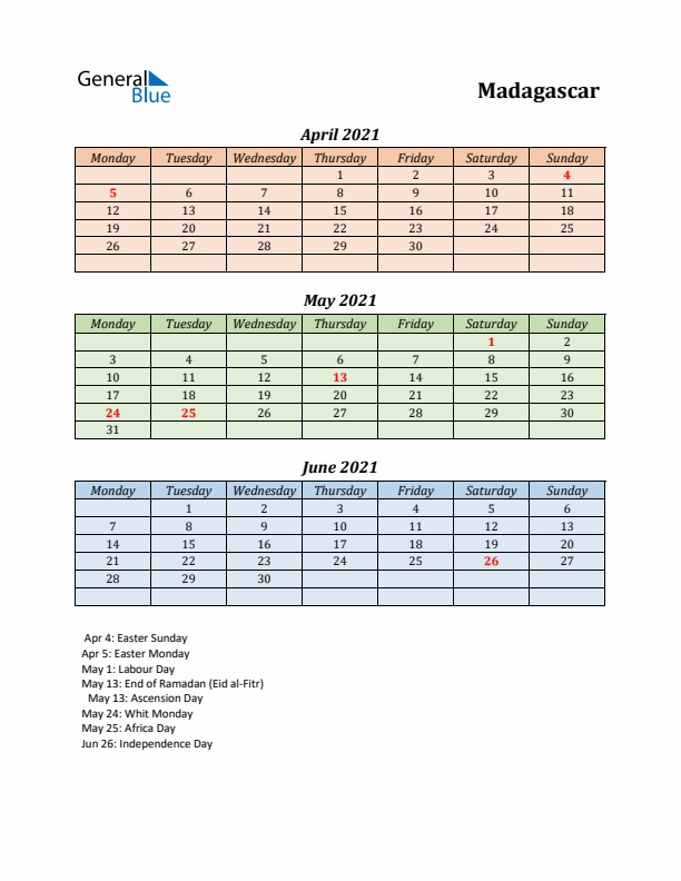 Q2 2021 Holiday Calendar - Madagascar