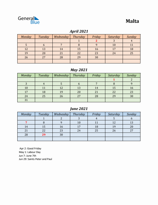 Q2 2021 Holiday Calendar - Malta