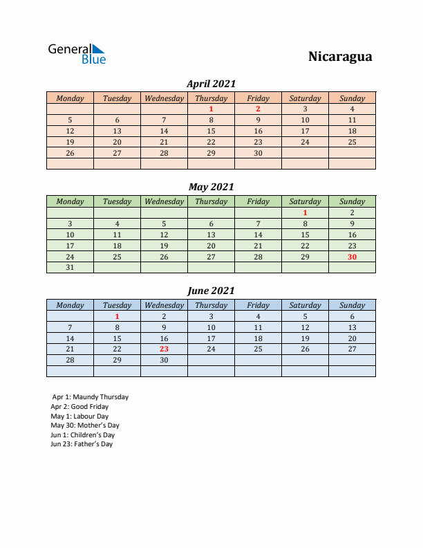 Q2 2021 Holiday Calendar - Nicaragua