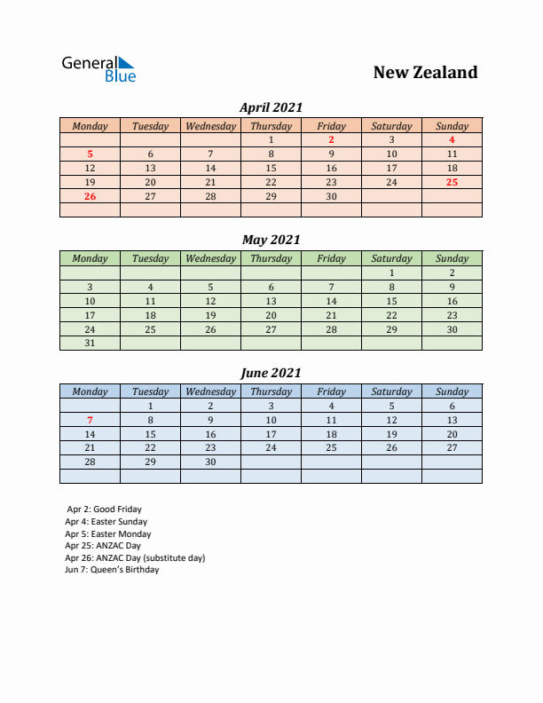 Q2 2021 Holiday Calendar - New Zealand