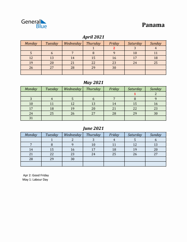 Q2 2021 Holiday Calendar - Panama