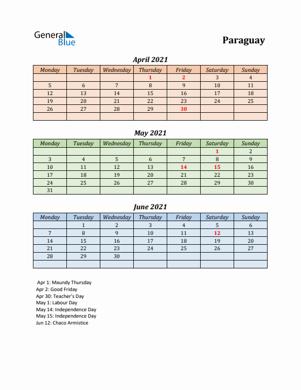 Q2 2021 Holiday Calendar - Paraguay