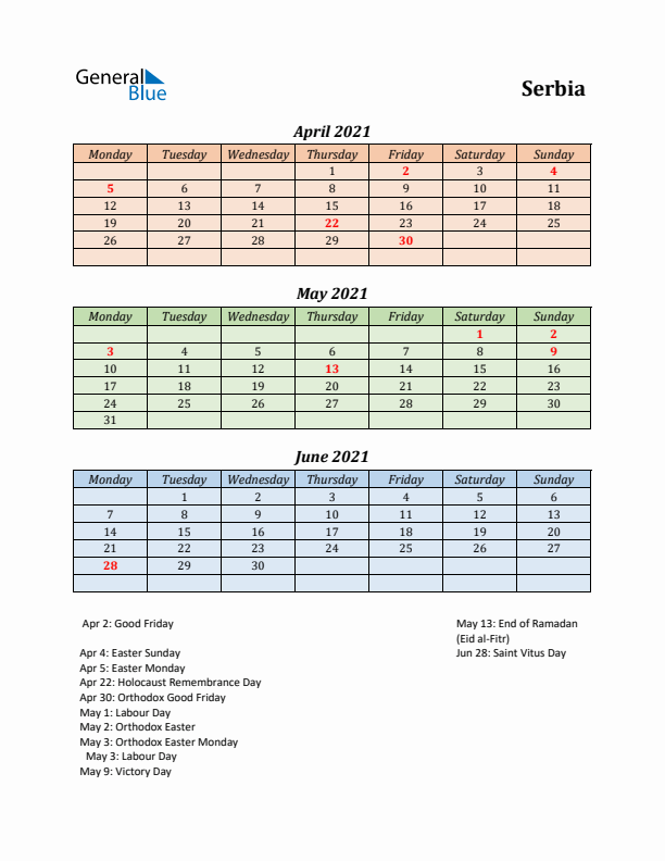 Q2 2021 Holiday Calendar - Serbia