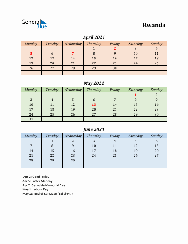 Q2 2021 Holiday Calendar - Rwanda