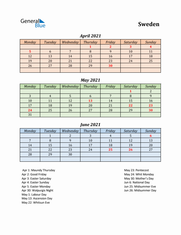 Q2 2021 Holiday Calendar - Sweden