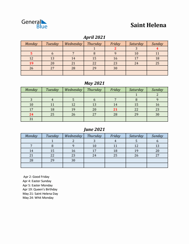 Q2 2021 Holiday Calendar - Saint Helena