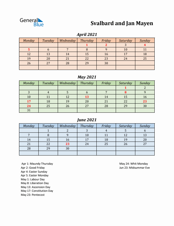 Q2 2021 Holiday Calendar - Svalbard and Jan Mayen