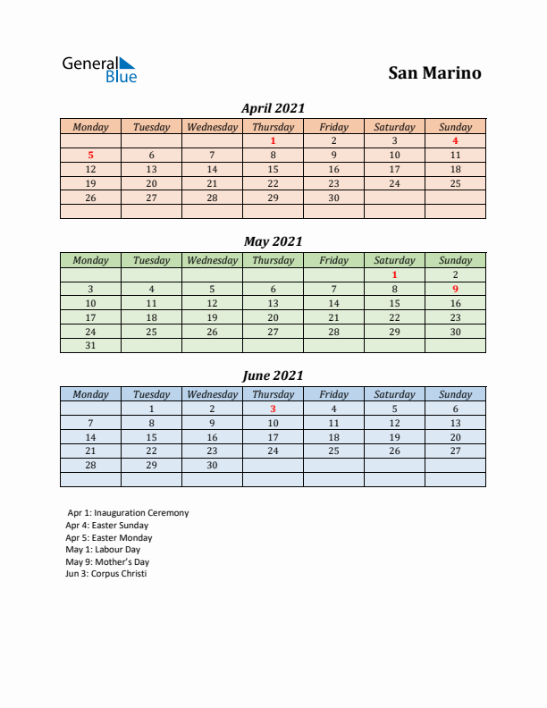 Q2 2021 Holiday Calendar - San Marino