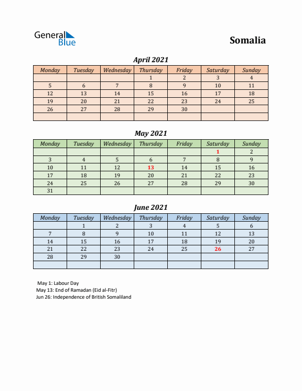 Q2 2021 Holiday Calendar - Somalia