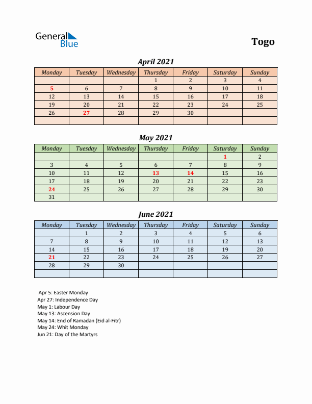 Q2 2021 Holiday Calendar - Togo