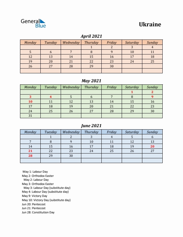 Q2 2021 Holiday Calendar - Ukraine