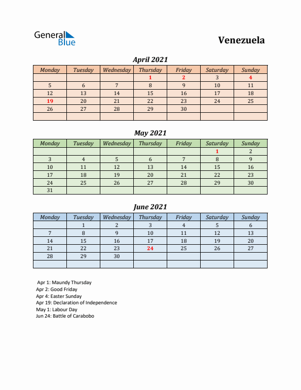 Q2 2021 Holiday Calendar - Venezuela