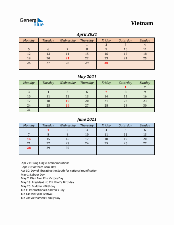 Q2 2021 Holiday Calendar - Vietnam