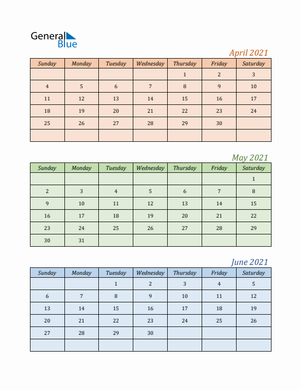 Three-Month Calendar for Year 2021 (April, May, and June)