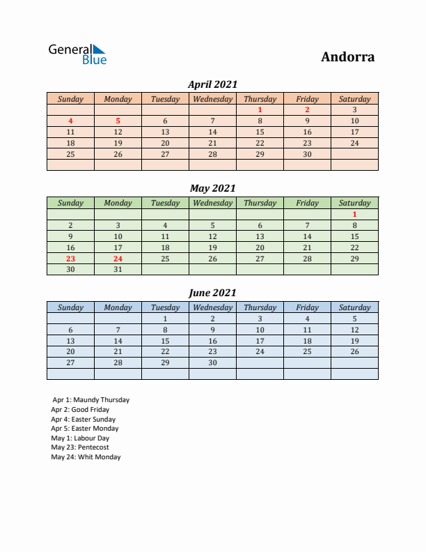 Q2 2021 Holiday Calendar - Andorra