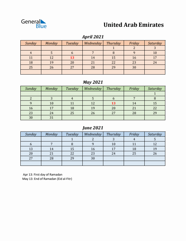 Q2 2021 Holiday Calendar - United Arab Emirates