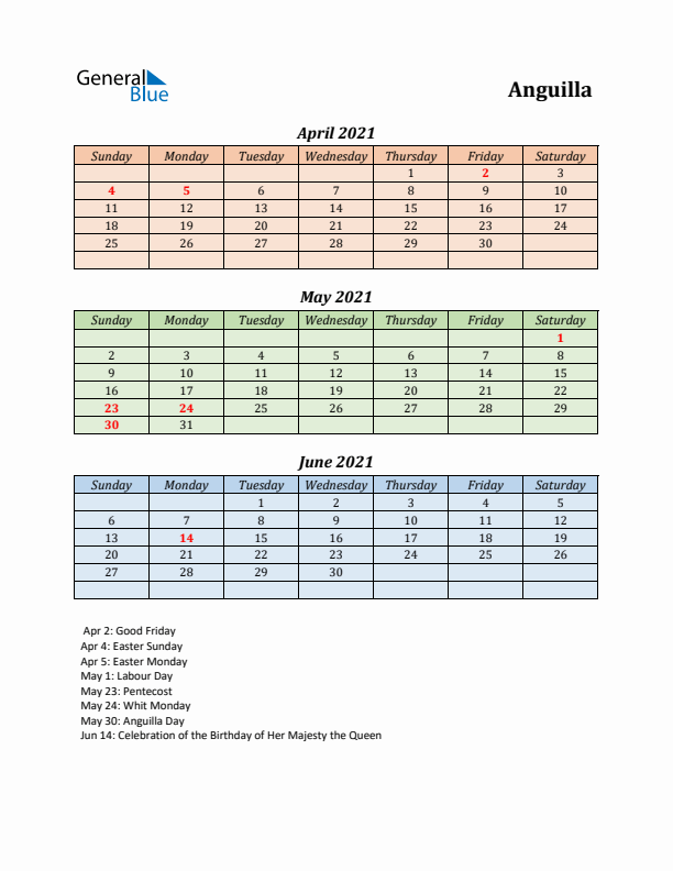 Q2 2021 Holiday Calendar - Anguilla