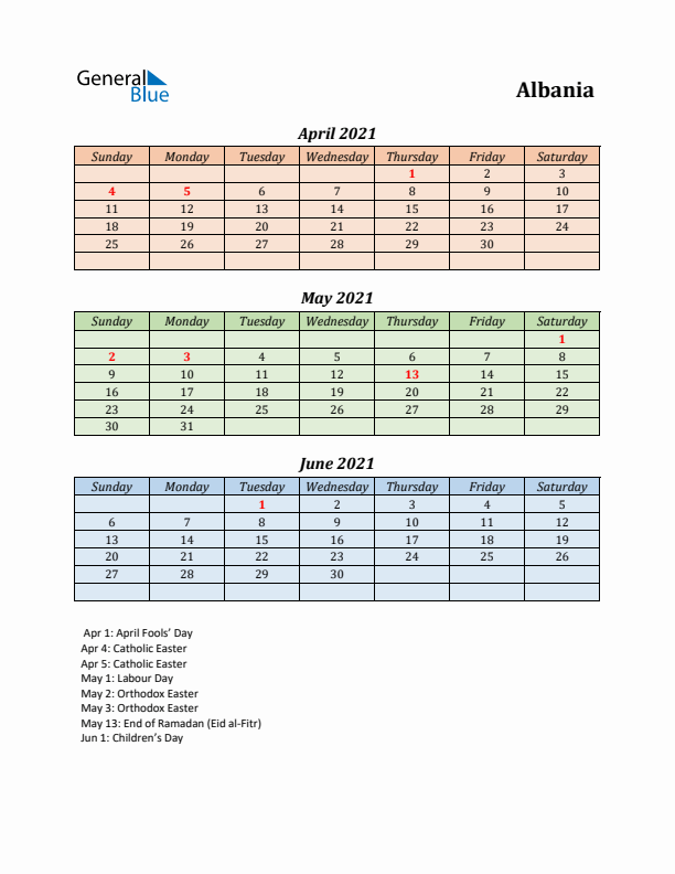 Q2 2021 Holiday Calendar - Albania