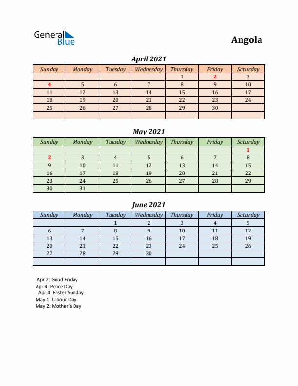 Q2 2021 Holiday Calendar - Angola