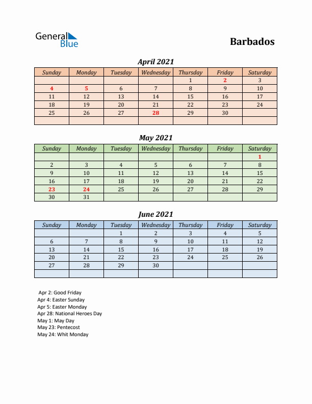 Q2 2021 Holiday Calendar - Barbados